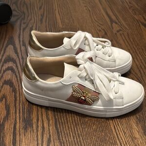 White and Gold Low-Top Sneakers with Leather Finish